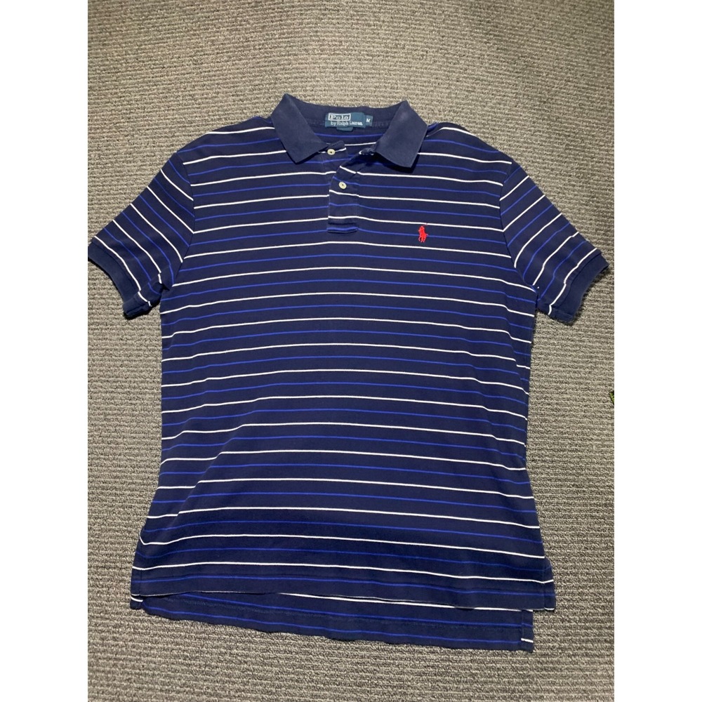 Men's Ralph Lauren Polo Shirt Blue Navy And White Stripe Navy Collar Medium